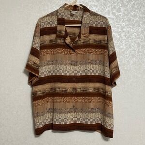 Koret Geometric Southwestern Stripe Button Up Camp Shirt Brown Tan Boho VTG 22W
